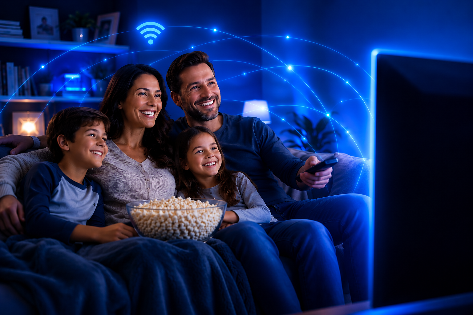 Família assistindo TV com internet Mais Sonic